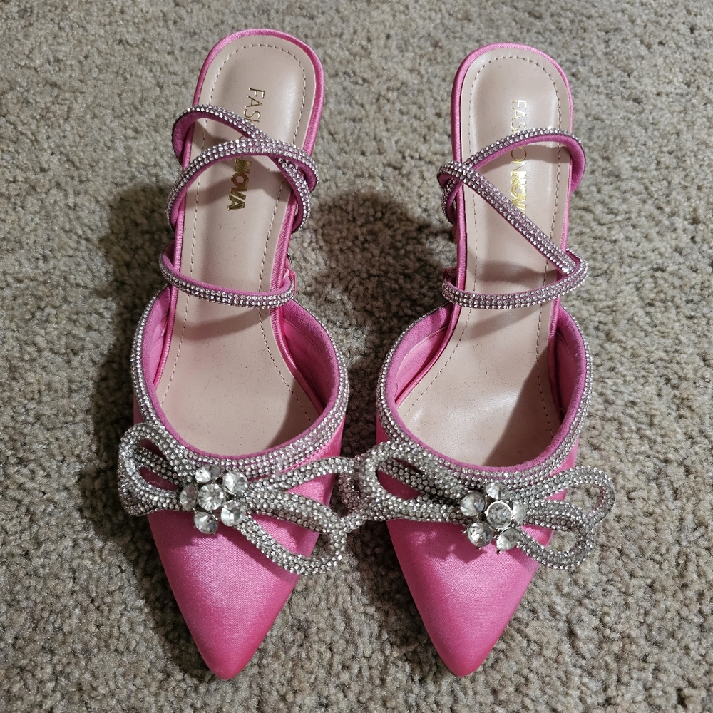 Fashion Nova Pink Satin Heels with Rhinestone Detail